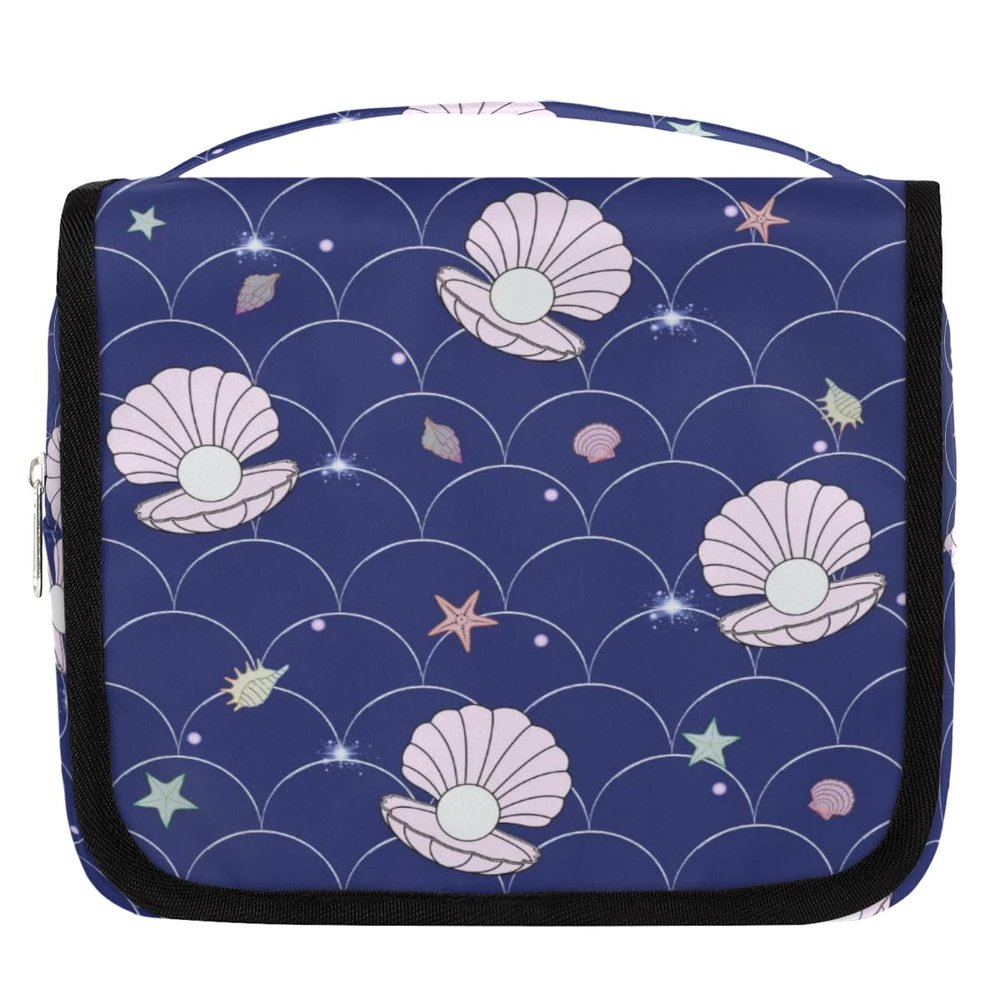 OMFUNS Purple Mermaid Travel Toiletry Bag with Hanging Hook for Women and Girls, Lovely Starfish Cosmetic Makeup Case Organizer for Accessories, Shampoo, Full Sized Container, Toiletries