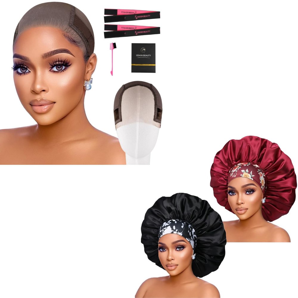 2pcs Extra Large Black & Red Satin Bonnet with Brwon Wig Grip Cap