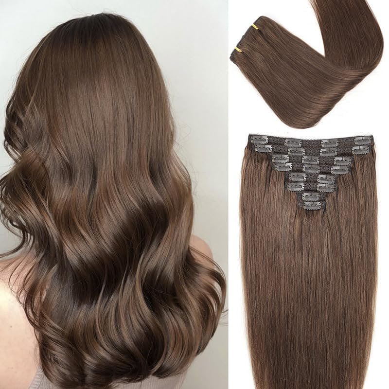 ShowJarlly Clip in Hair Extensions Real Human Hair 22 Inch Straight Clip Ins 8 Pcs Brazilian Remy Hair Extensions for Women (#4 Chocolate Brown)