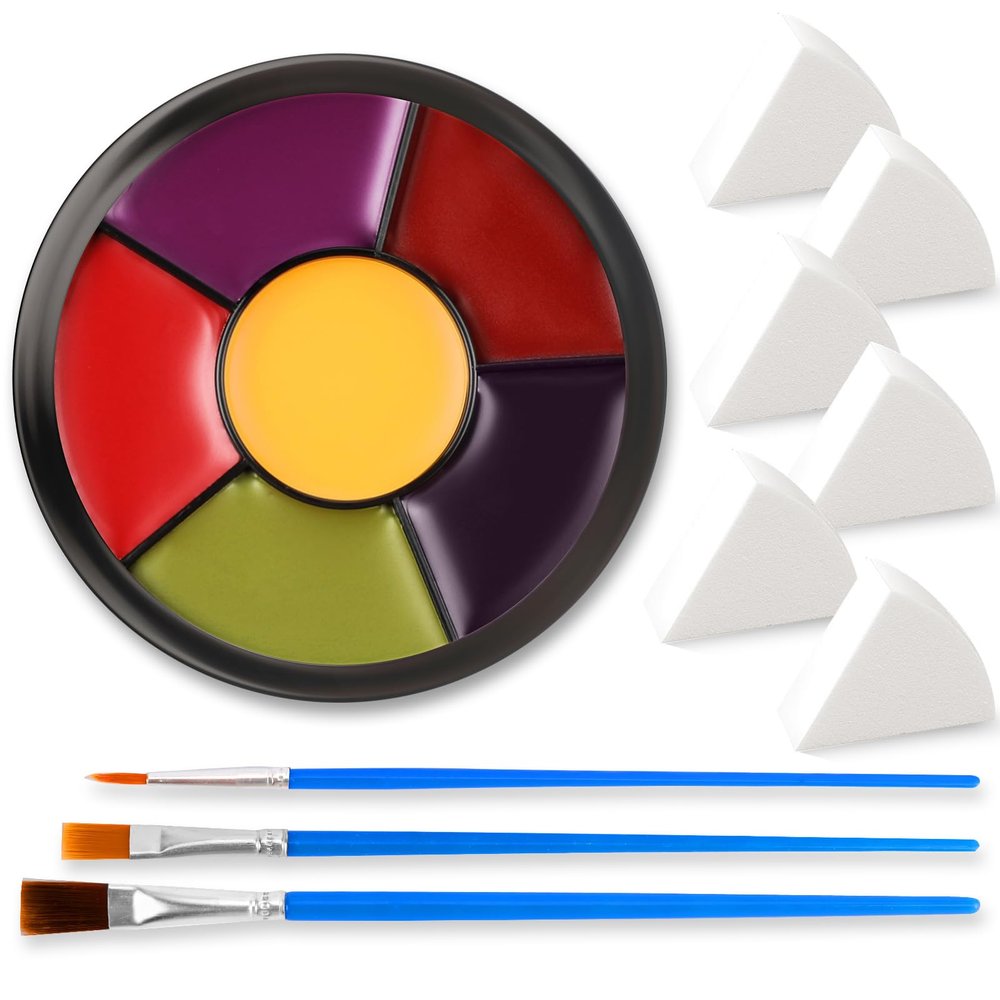 6 Colors Halloween Face Body Paint + 6pc Sponge + 3pc Brush, Yellow Purple Red Green Bruise Wheel for SFX Makeup, Face-Paint Body Paint Halloween Makeup Kit for Zombie Clown Joker Alien Witch Costume