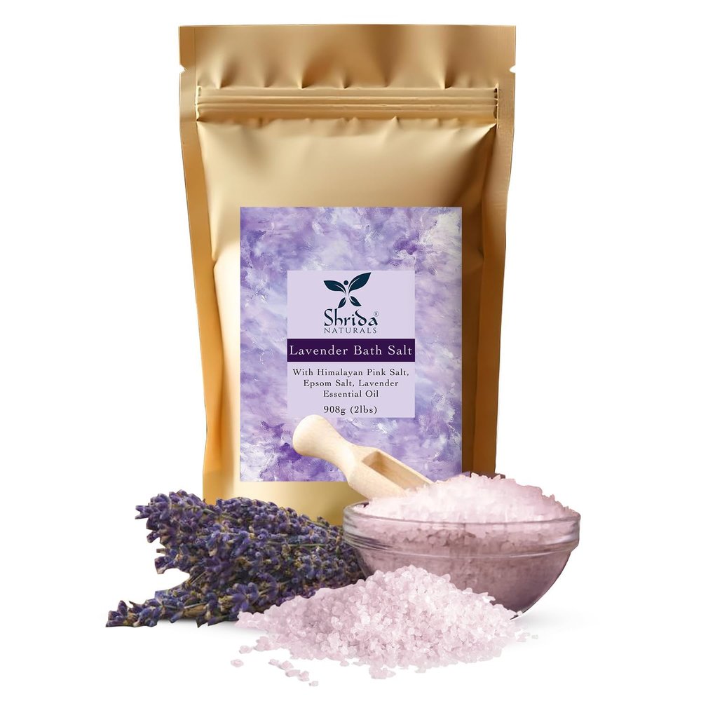 Shrida Naturals Lavender Bath Salt Soak 2 lb, Epsom & Himalayan Pink Salt with Pure Lavender Essential Oil, Magnesium-Rich Muscle Recovery & Stress Relief Soak, Relaxing Aromatherapy, Sleep Body Care