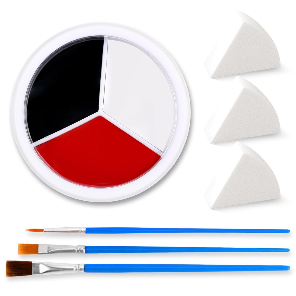3 Colors Face & Body Paint [Black, White, Red] + 3pc Sponge & Brush, Baseball Eye Black for Sports Face-Painting, Halloween Makeup Kit for Zombie, Clown, Vampire, Skeleton, Joker Costume Makeup