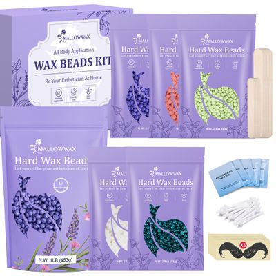 Mallowwax Hard Wax Beads 6-Pack, 1lb lavender wax beads + 5-pack multicolor wax beads kit for hair removal