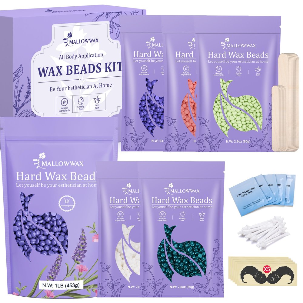 Mallowwax Hard Wax Beads 6-Pack, 1lb lavender wax beads + 5-pack multicolor wax beads kit for hair removal