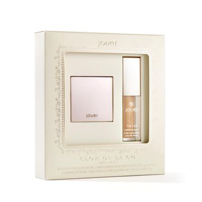 Jouer Glow On La Go Cheek & Lip Set - Deluxe Ice Highlighter + Diamond Shimmering Tinted Lip Oil - Highlighter Powder for Face - Luminizing Powder & Shimmer Lip Oil