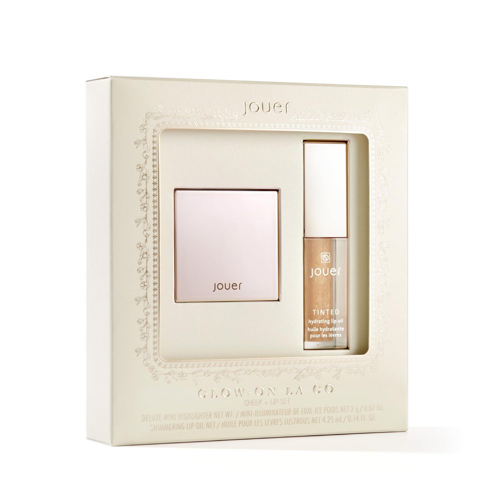 Jouer Glow On La Go Cheek & Lip Set - Deluxe Ice Highlighter + Diamond Shimmering Tinted Lip Oil - Highlighter Powder for Face - Luminizing Powder & Shimmer Lip Oil