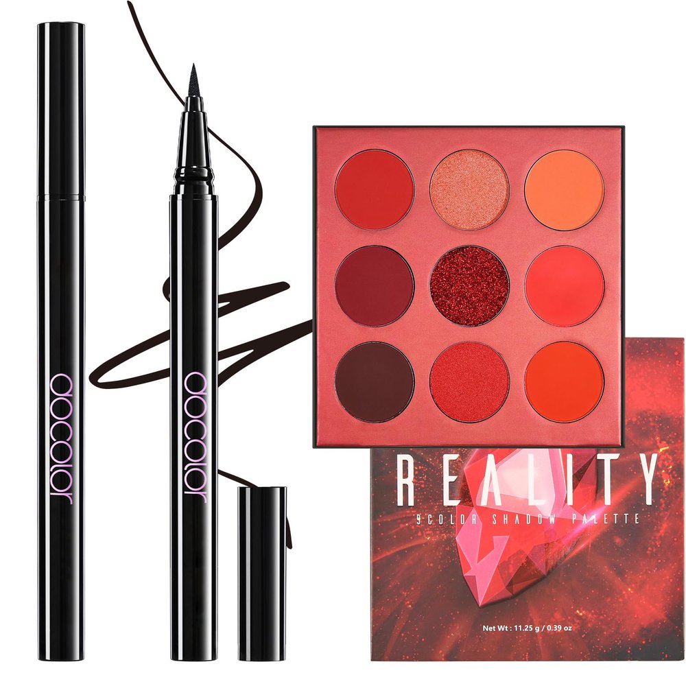 docolor Waterproof Eyeliner Pen Super Slim Precise All Day Black Professional Makeup Liquid Eye Liner and Red Eyeshadow Palette 9 Colors Gemstone Shadow Palette Highly Pigmented Mattes Shimmers