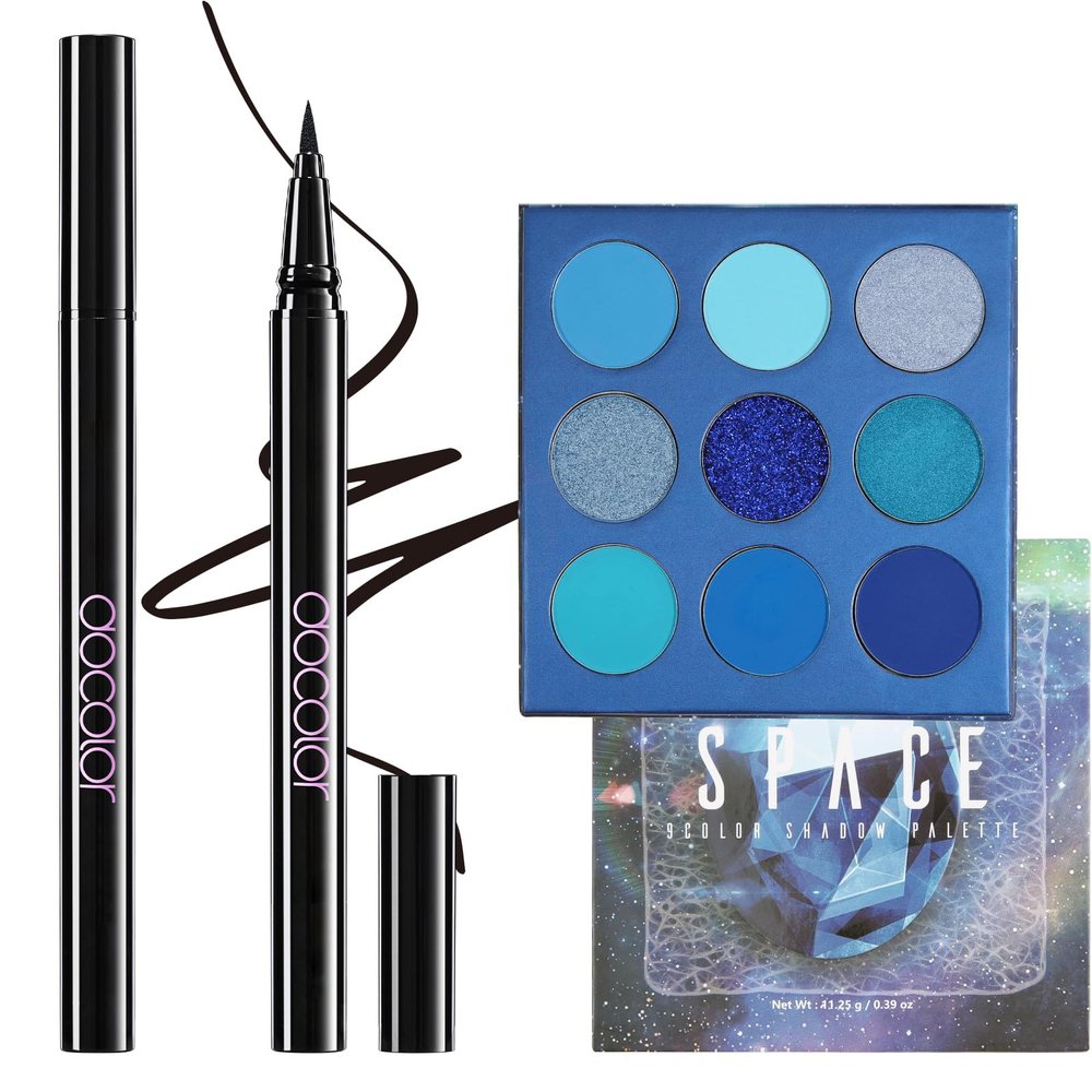 docolor Waterproof Eyeliner Pen Super Slim Precise All Day Black Professional Makeup Liquid Eye Liner and Blue Eyeshadow Palette 9 Colors Gemstone Shadow Palette Highly Pigmented Mattes Shimmers