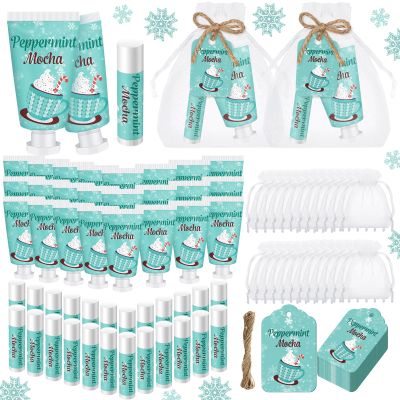 96pcs/24sets Christmas Peppermint Hand Cream and Lip Balm Gift Christmas Stocking Stuffer Gift Basket Travel Size Mocha Hand Lotion and Lip Balm Bulk with Organza Bag Tag Baby Shower Party Supplies