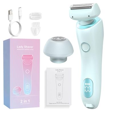 Electric Shaver for Women2 in 1 Painless Silk Glide Pro Bikini Shaver with Removable Head, Wet & Dry Waterproof Rechargeable Cordless Electric Razor Women for for Leg Arm Underarm Bikini Area (Blue)
