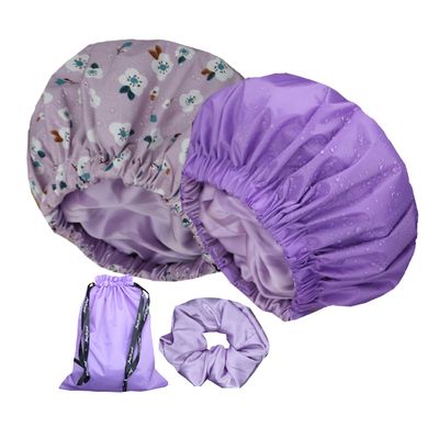 2Pcs Genergy Shower Cap Waterproof, Adjustable Shower Cap for Women Reusable, Luxury Shower Caps with Satin lining, Extra Large &Double Layers &Reversible Bonnet(Purple+ Purple flower)