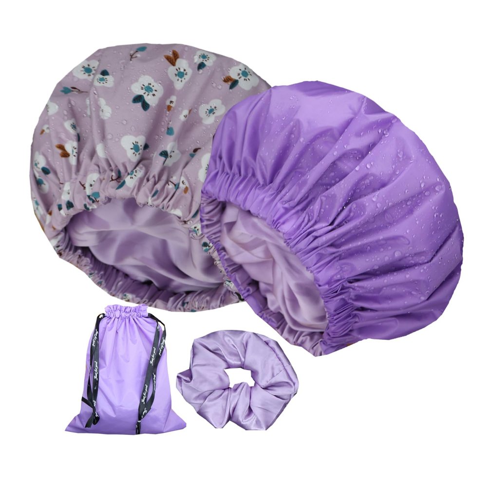 2Pcs Genergy Shower Cap Waterproof, Adjustable Shower Cap for Women Reusable, Luxury Shower Caps with Satin lining, Extra Large &Double Layers &Reversible Bonnet(Purple+ Purple flower)