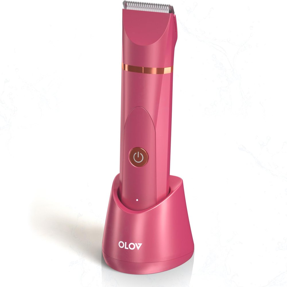 OLOV Electric Body Hair Trimmer - Groin Trimmer for Men - Bikini Trimmer Women - Wet/Dry Shaver Groomer, Replaceable Ceramic Blade Heads, USB Recharge Dock, Waterproof Hygiene Razor, Red