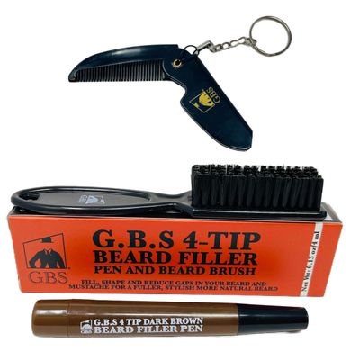 G.B.S Folding Beard Comb for Men - Handmade Keychain Mustache Comb - Portable Pocket Travel Comb and Dark Brown Beard Filler Pen Waterproof Pencil for Facial Hair
