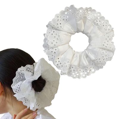1Pcs White Large Lace Scrunchies for Women Oversized Scrunchy Hair Ties Fancy Satin Hair Scrunchies Bun or Ponytail Hair Holder Accessories for Women Thick Curly Hair