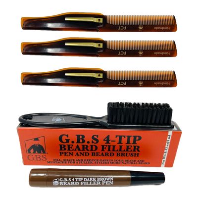 G.B.S Handmade Folding Comb for Men and Women FCT 3 Pack and Beard Filler Pencil Beard Pen for Facial Hair (Dark Brown)