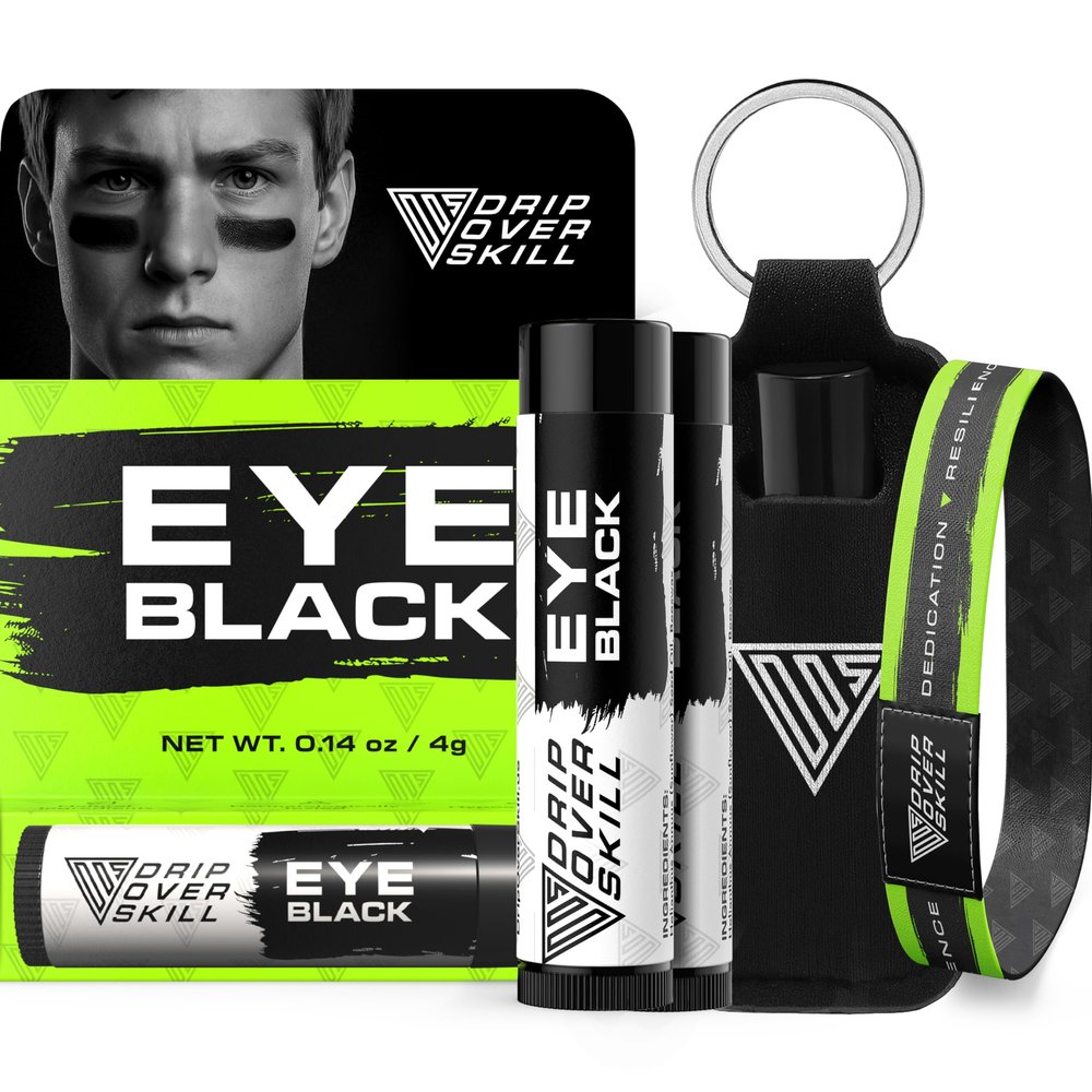 D.R.I.P Over Skill Eye Black, Naturally Formulated Sports Face Paint, 2 Pack & Carry Clip & DRIP Band, Dermatologist-Tested, Hypoallergenic, Anti-Glare for Baseball, Football, Softball, Lacrosse