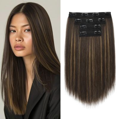 NTYNTY Hair Extensions, 14" Short Clip in Hair Extensions 4PCS Straight Natural Soft Synthetic Hairpiece for Women - Dark Brown with Highlights