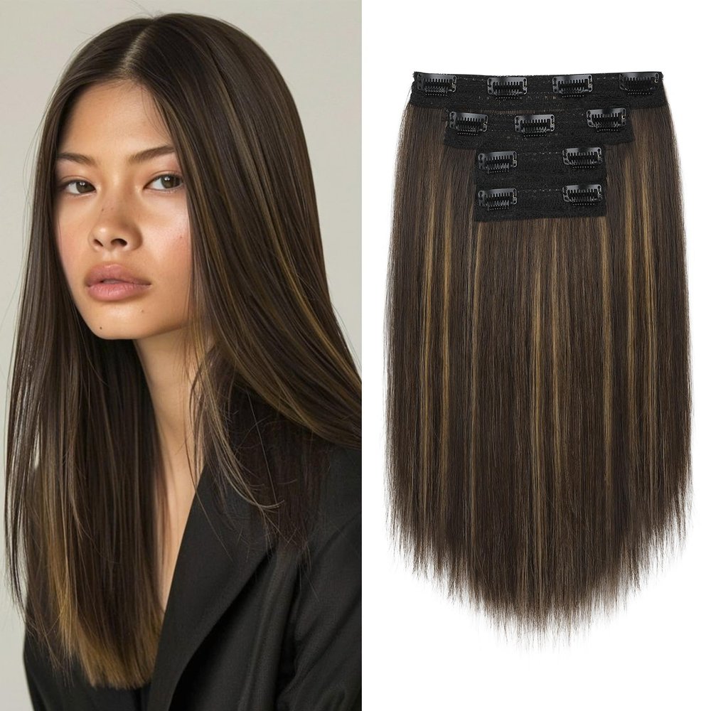 NTYNTY Hair Extensions, 14" Short Clip in Hair Extensions 4PCS Straight Natural Soft Synthetic Hairpiece for Women - Dark Brown with Highlights