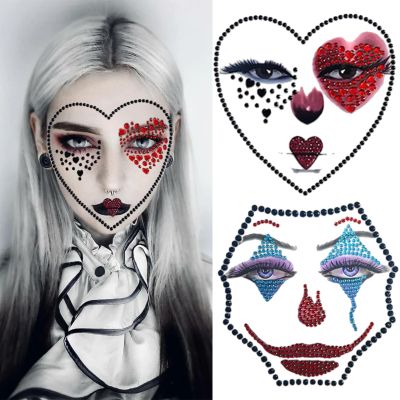 2 Pcs Clown Face Makeup Stickers: 3D Gemstone Rhinestone Gems, Scary/Confused Clown Face Glitter Tattoo for Halloween Carnival Party