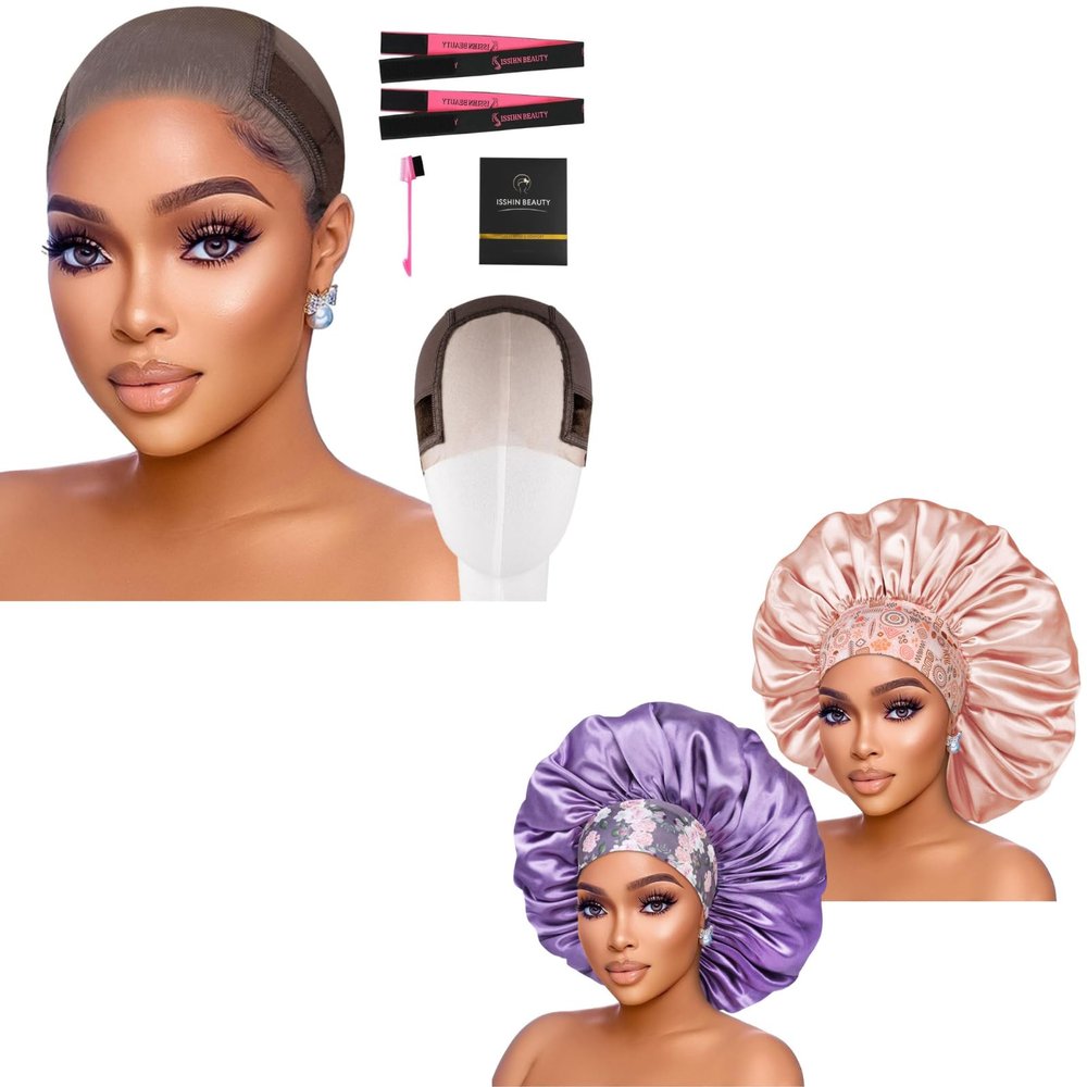 2pcs Extra Large Beige & L.Purple Satin Bonnet with Brwon Wig Grip Cap