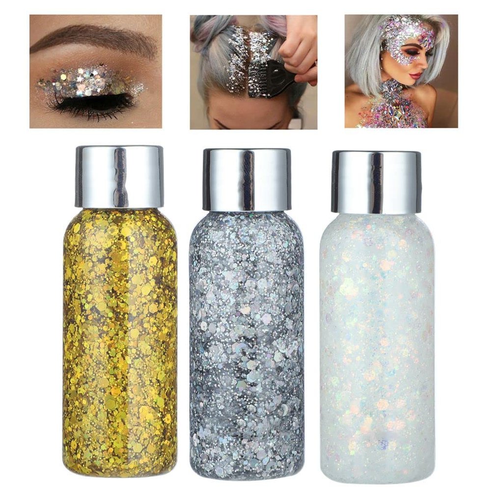 3 Bottles Body Sequin Gel Chunky Liquid Glitter - Body Glitter Gel Holographic