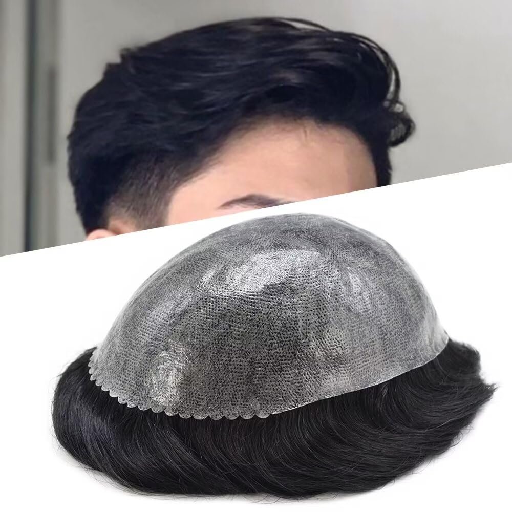 Hair Replacement System for Men - All Poly Skin Toupee With 0.10mm Injected PU - Durable Natural Hair Piece - 6X8" 110% Density - #1B Natural Black