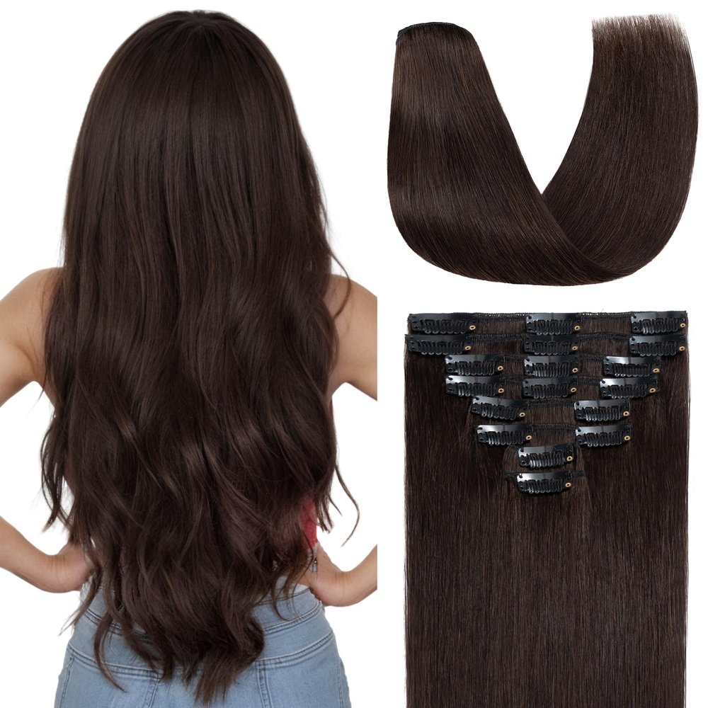 Clip in Hair Extensions Real Human Hair 16 Inch Human Hair Clip in Extensions Dark Brown Hair Extensions Clip ins Double Weft 100% Real Human Hair Extensions 8 PCS 65g