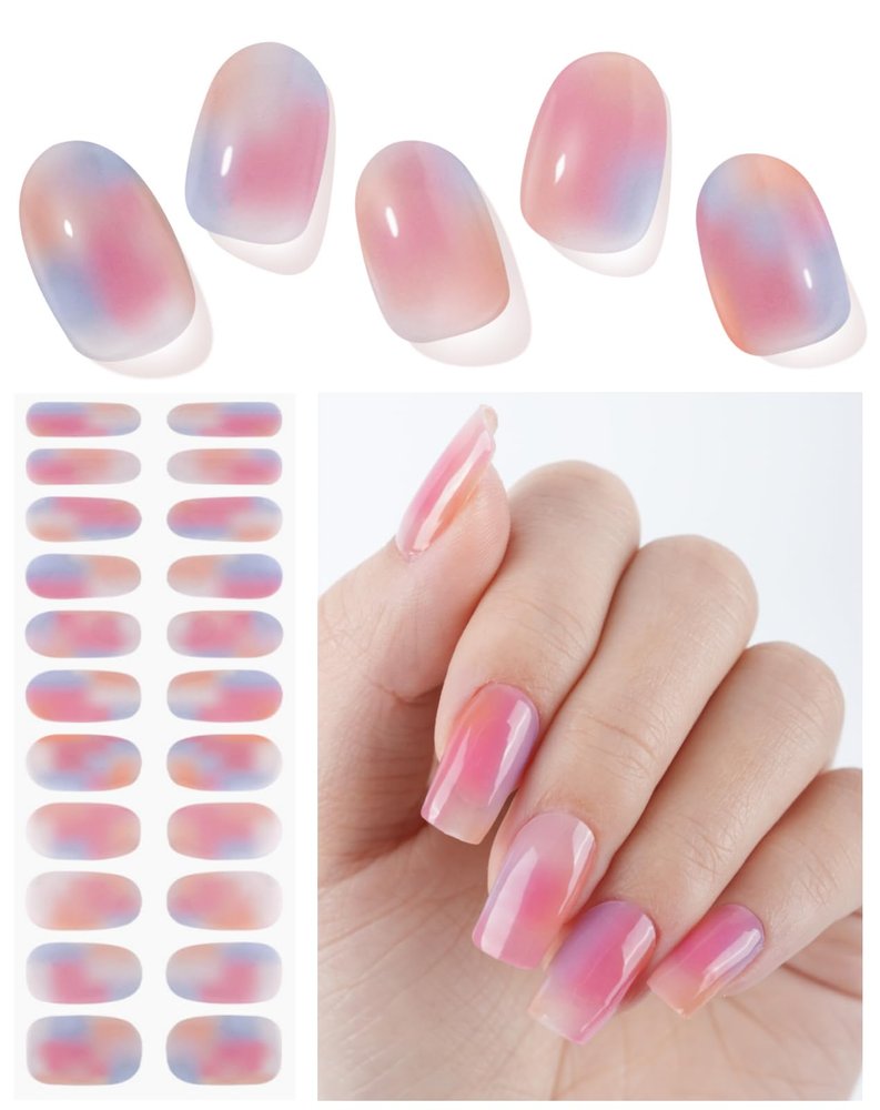 DUKASOU Gel Nail Strips (UV Not Required), Rainbow Candy 22 Gel Nail Stickers Wraps, Easy Apply & Remove, Long Lasting, Salon Quality, Includes Prep Pads, NailFile & Wood Stick