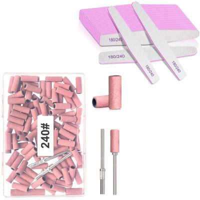 100pcs 240# Small Sanding Bands Pink with 12Pcs 180/240Grit Professional Nail Files
