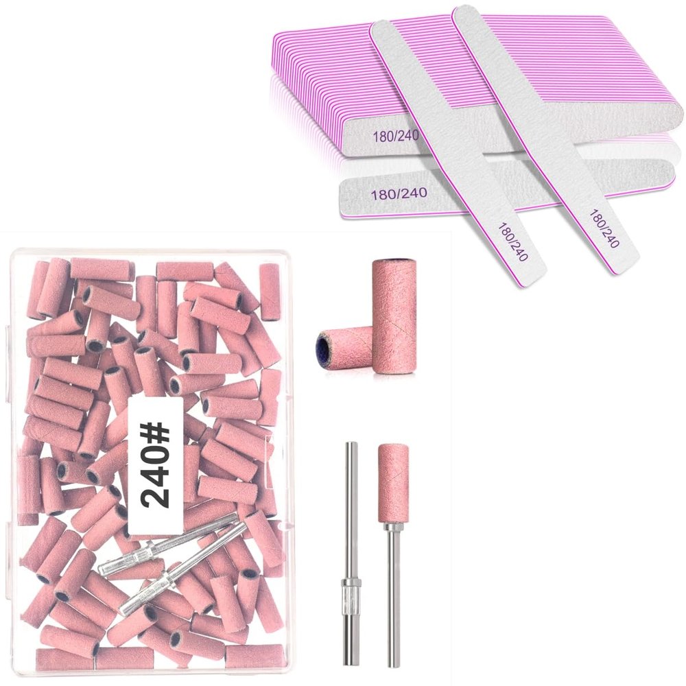 100pcs 240# Small Sanding Bands Pink with 12Pcs 180/240Grit Professional Nail Files