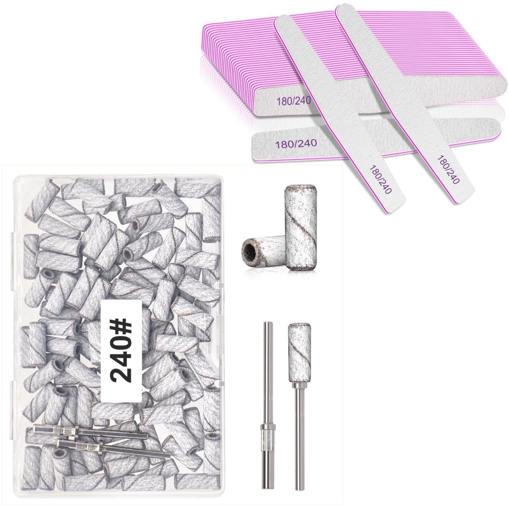 100pcs 240# Small Sanding Bands White with 12Pcs 180/240Grit Professional Nail Files