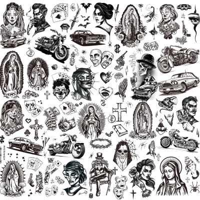 12 Sheets Large Chicano Temporary Tattoos, Cholo and Chola Temporary Tattoos, Chicana Guadalupe Gangster Fake Tattoos Day of the Dead, Da de Muertos, Tatuajes Temporales, Halloween Mexico Tattoos