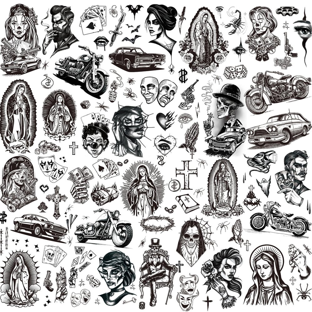 12 Sheets Large Chicano Temporary Tattoos, Cholo and Chola Temporary Tattoos, Chicana Guadalupe Gangster Fake Tattoos Day of the Dead, Da de Muertos, Tatuajes Temporales, Halloween Mexico Tattoos