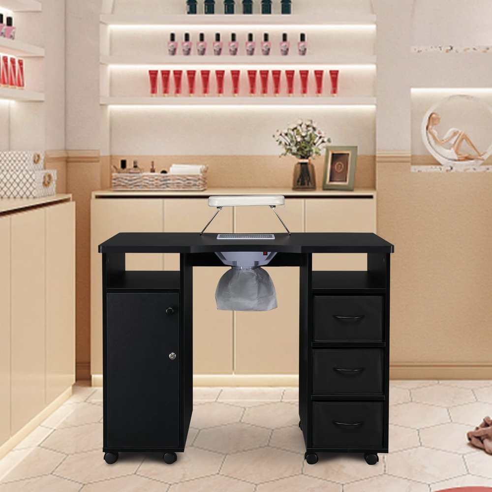 Manicure Nail Table Station with Fan and Wheels,Manicure Table Nail Beauty Spa Salon Desk Workstation w/3 Drawers,1 Cabinet,Nail Art Desk Workstation