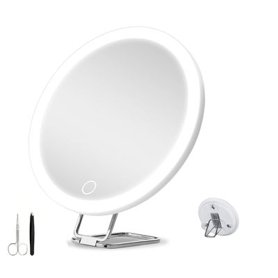 3 Suction Cups 30X Magnifying Travel Makeup Mirror with Light,6" Large Wall Hanging Makeup Mirror with 360Table Stand,Rechargeable 3 Colors Dimming Lighted Magnifying Mirror (Pink)