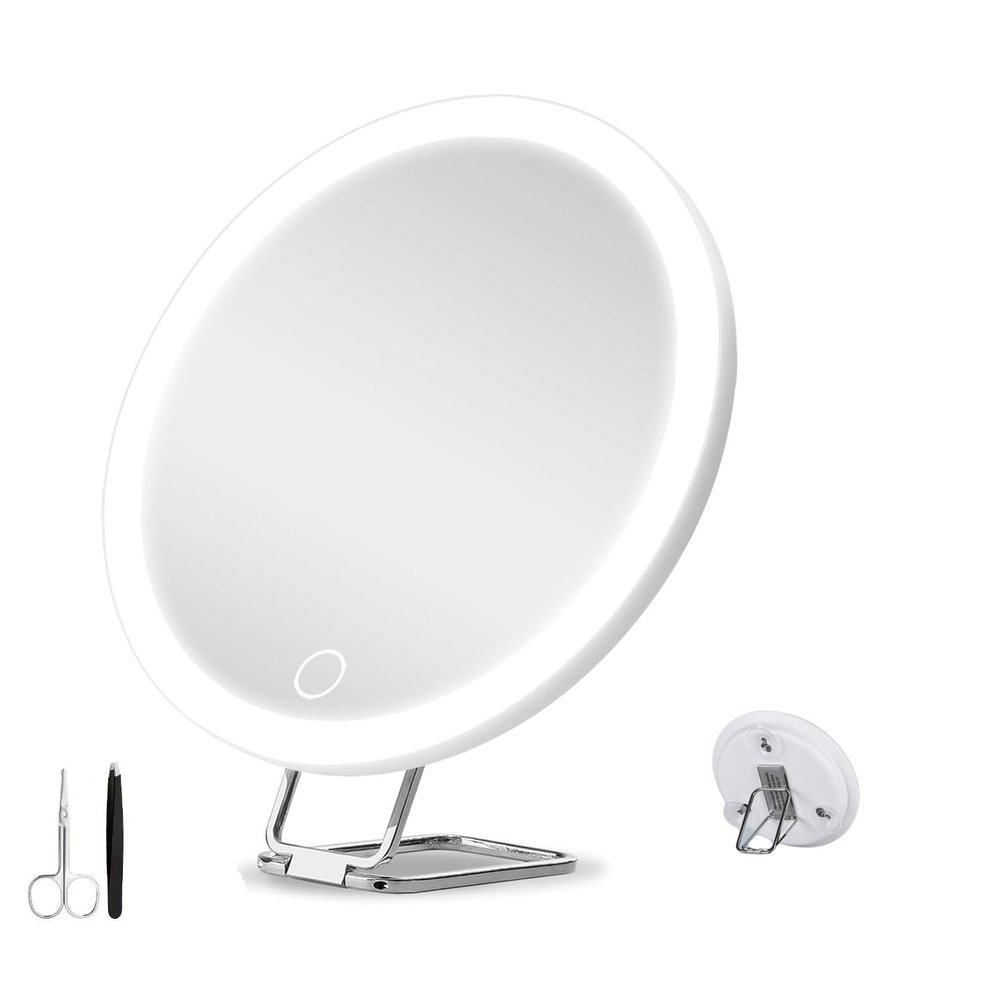 3 Suction Cups 30X Magnifying Travel Makeup Mirror with Light,6" Large Wall Hanging Makeup Mirror with 360Table Stand,Rechargeable 3 Colors Dimming Lighted Magnifying Mirror (Pink)