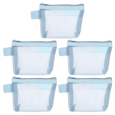 uxcell Mini Zipper Mesh Bag 3" x 5", 5 Pcs Nylon Small Makeup Zipper Mesh Pouch Cosmetic Case Mesh Storage Bags for Earphone, Credit Card, Light Blue
