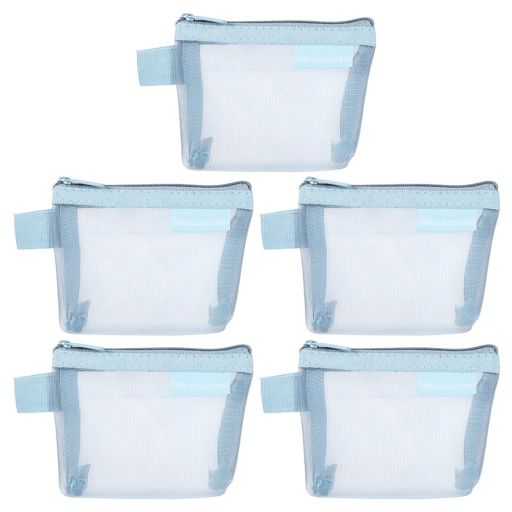 uxcell Mini Zipper Mesh Bag 3" x 5", 5 Pcs Nylon Small Makeup Zipper Mesh Pouch Cosmetic Case Mesh Storage Bags for Earphone, Credit Card, Light Blue