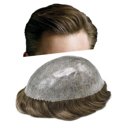 Mens Hair Replacement System All Poly Skin Mens Toupee 0.10mm Injected PU Toupee for Men Hair Piece Durable Men Hair Systems Natural Men Hair Unit6X8"-120% Density-#410 Medium Brown+10% Gray