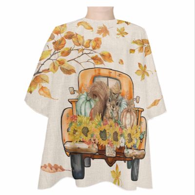Fall Squirrel Pumpkins Barber Cape - Salon Hair Cutting Cape for Women,Men,Kids,Adults,Retro Thanksgiving Leaves Sunflower Haircut Cape with Adjustable Elastic Neckline Hairdressing Stylist Accessory