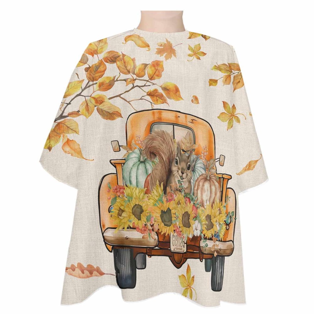 Fall Squirrel Pumpkins Barber Cape - Salon Hair Cutting Cape for Women,Men,Kids,Adults,Retro Thanksgiving Leaves Sunflower Haircut Cape with Adjustable Elastic Neckline Hairdressing Stylist Accessory