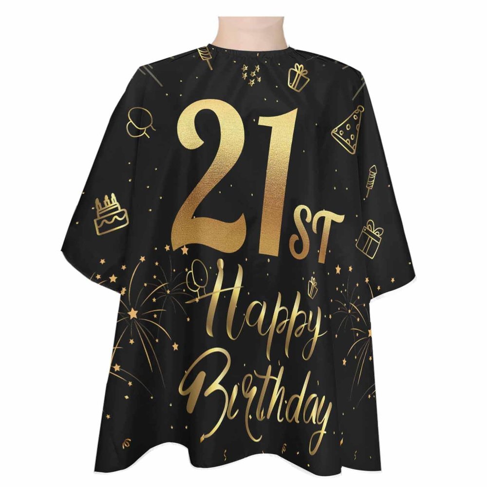21th Birthday Barber Cape - Salon Hair Cutting Cape for Women,Men,Kids,Adults,Star Cake Fireworks Golden Black Haircut Cape with Adjustable Elastic Neckline Hairdressing Stylist Cape Gown Accessories