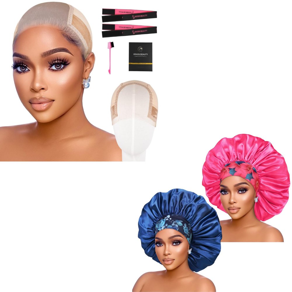 2pcs Extra Large Blue & HotPink Satin Bonnet with Light Brwon Wig Grip Cap