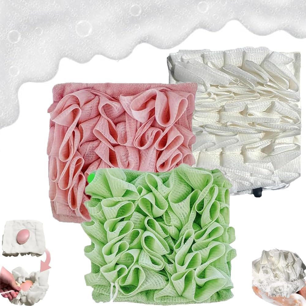 3PCS The Leeffa Soft Loofah and Washcloth, Leeffa Loofah, 2 in 1 Bath Loofah Sponge, Loufee Loofah Washcloth, Shower Loofah with Drawstring, Travel Loofah (E)