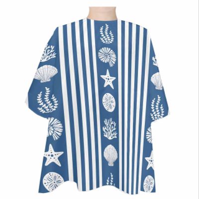 Navy Blue Coastal Barber Cape - Salon Hair Cutting Cape for Women,Men,Kids,Adults,White Striped Starfish Shells Jellyfish Coral Haircut Cape with Adjustable Elastic Neckline Hairdressing Accessories