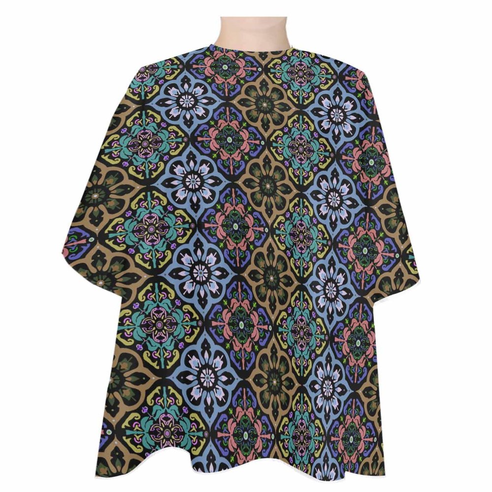 Boho Blue Flowers Barber Cape - Salon Hair Cutting Cape for Women,Men,Kids,Adults,Ethnic Original Tribal Style Damask Haircut Cape with Adjustable Elastic Neckline Hairdressing Stylist Accessories