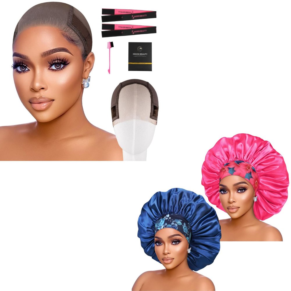 2pcs Extra Large Blue & HotPink Satin Bonnet with Brwon Wig Grip Cap