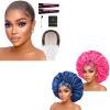 2pcs Extra Large Blue & HotPink Satin Bonnet with Brwon Wig Grip Cap view 1