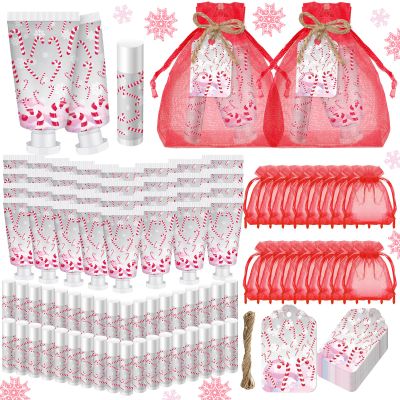 Linyuthia 24 Sets Christmas Candy Cane Pattern Hand Cream and Lip Balm Gifts Bulk Candy Apple Hand Lotion for Women Travel Size Xmas Wedding Shower Favors for Guests